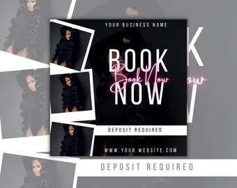 Könnte beinhalten: Eine schwarz-weiße Werbeflyer-Vorlage mit dem Text YOUR BUSINESS NAME, BOOK NOW, DEPOSIT REQUIRED und WWW.YOUR WEBSITE.COM. Das Design enthält mehrere Rahmen im Polaroid-Stil, die eine Person mit langem, dunklem Haar zeigen.