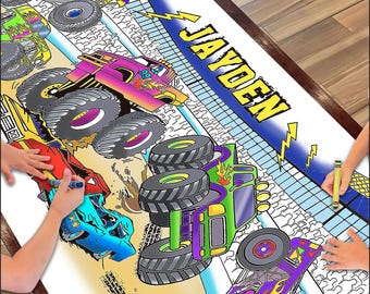 LARGE MONSTER TRUCK Coloring Poster | Customized Birthday Party Celebration Coloring Sheet or Table Cover for Party Decorations