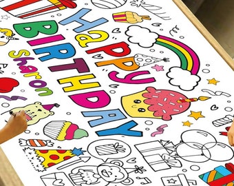 LARGE Happy Birthday Fun Coloring Poster | Customized Birthday Coloring Sheet or Table Cover for School or Parties | Party Decorations |