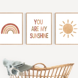 You Are My Sunshine Boho Nursery Prints, Set of 3, Digital Download, Gender Neutral, Rainbow and Sun Theme Art, Nursery Wall Decor