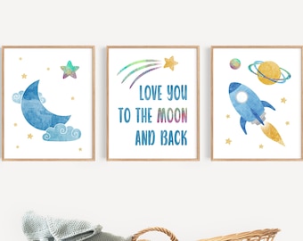Outer Space Nursery Prints Set of 3, Digital Download, Gender Neutral, Galaxy and Celestial Theme Nursery, Wall Art Decor