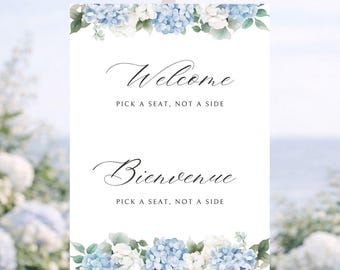 Pick a Seat Not a Side Wedding Sign, Bilingual Ceremony Sign with Dusty Blue and White Florals | Editable Canva Template