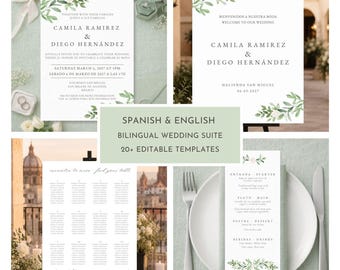 Bilingual Spanish and English Wedding Bundle, Invitation Suite, Welcome Sign, Seating Chart, Menu & More, Editable Greenery Floral Templates
