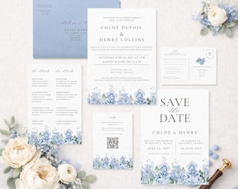 Bilingual Wedding Invitation and RSVP Bundle with Dusty Blue Hydrangea Florals | Editable Canva Templates