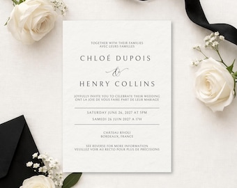 Elegant Black Ivory Bilingual Wedding Invitation, Minimalist Black Tie Canva Template