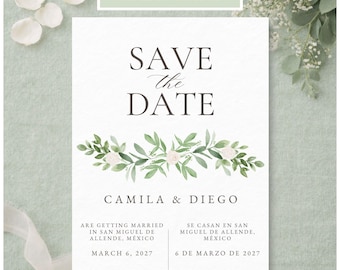 Bilingual Spanish English Save the Date Template for Multilingual and Destination Weddings, Greenery Florals Editable in Canva