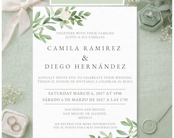 Bilingual Spanish English Wedding Invitation Template, Editable Canva Greenery Florals for Multicultural and Destination Weddings