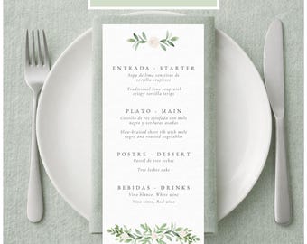 Bilingual Spanish English Wedding Dinner Menu Template, Editable Canva Greenery Florals for Multicultural and Destination Weddings