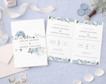 Dusty Blue Floral Wedding Invitation | Bilingual Bifold Canva Template