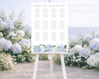 Bilingual Wedding Seating Chart with Dusty Blue and White Florals | Editable Canva Template