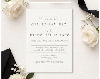 Spanish & English Wedding Invitation Template, Bilingual Black and Ivory Invitation, Editable Canva Template