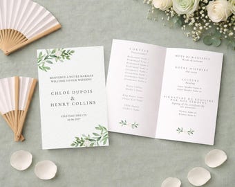 Bilingual Wedding Program with Greenery and White Florals | Ceremony Program Editable Canva Template
