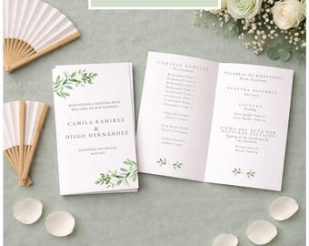 Bilingual Wedding Ceremony Program Template, Spanish and English, Greenery Florals, Editable Canva, Destination Weddings