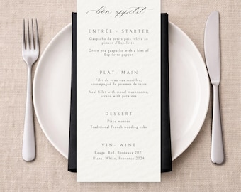 Elegant Black Ivory Wedding Menu Template, Bilingual, Minimalist Canva Design (Digital Download)