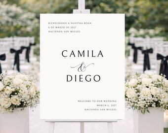 Spanish & English Wedding Welcome Sign Template, Bilingual Black and Ivory Welcome Sign, Editable Canva Template