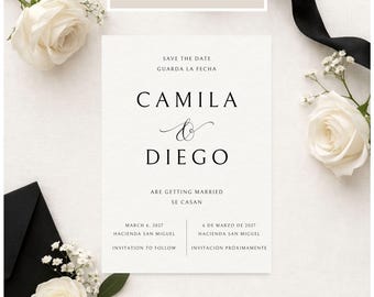 Spanish and English Save the Date Template, Minimalist Black & Ivory Wedding Invitation, Editable Canva Template