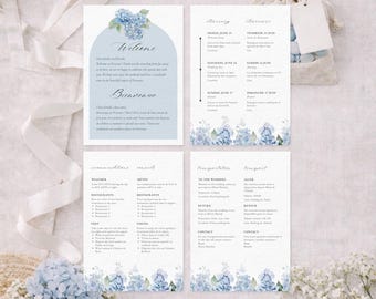 Dusty Blue Floral Wedding Itinerary & Guest Guide | Bilingual Template (Canva Editable, Digital Download)