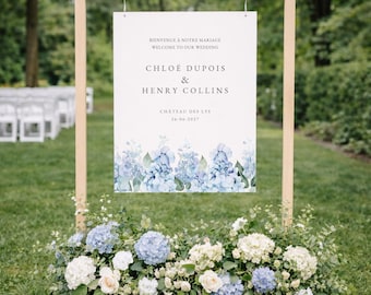 Bilingual Wedding Welcome Sign with Dusty Blue Hydrangea Florals | Editable Canva Template