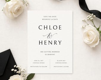 Minimalist Black Ivory Save the Date Template for Bilingual, Elegant Black Tie Wedding (Canva Editable)