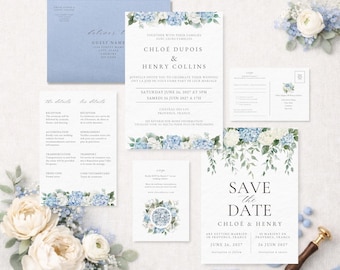 Bilingual Wedding Invitation Suite | Dusty Blue Florals, Editable Canva Template (Digital Download)