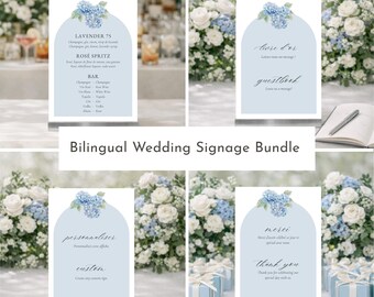 Bilingual Wedding Signage Bundle: Dusty Blue Hydrangea, Editable Canva Templates