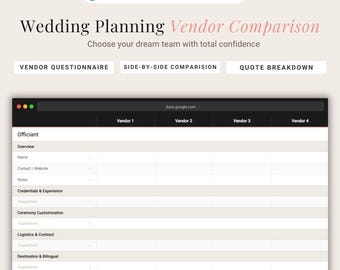 Wedding Vendor Comparison Spreadsheet, Bilingual and Destination Wedding Planning Tool to Compare Vendor Quotes & Contracts