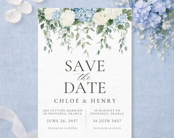 Bilingual Save the Date with Dusty Blue and White Florals | Editable Canva Template