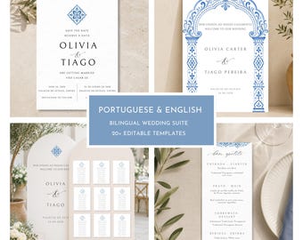 Paquete completo de invitación y señalización para bodas bilingües en portugués e inglés, editable en Canva, kit de azulejos.