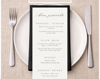 Bilingual Wedding Menu Template, Spanish English, Elegant Minimalist Wedding Dinner Menu Template