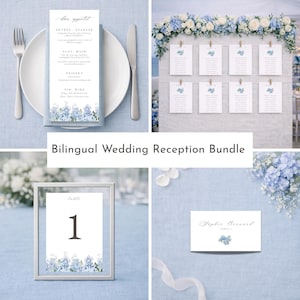 Può includere: Un pacchetto per ricevimenti di nozze con vari articoli di cancelleria. Include un menu, un numero di tavolo, un segnaposto e una mappa dei posti a sedere, tutti con un design floreale blu. Il testo "Bilingual Wedding Reception Bundle" è visualizzato.