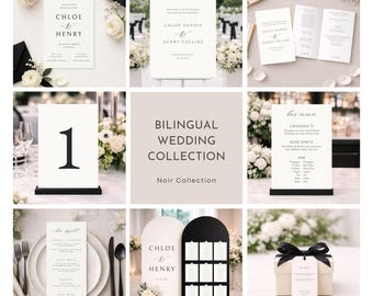 Bilingual Wedding Invitation & Signage Suite | Black Ivory Minimalist Canva Template