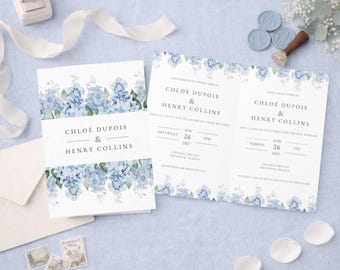 Bilingual Folded Wedding Invitation with Dusty Blue Hydrangea Florals | Editable Canva Bifold Invite Template