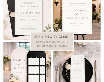 Spanish and English Wedding Bundle, Invitations, Signage and Menus, Black & Ivory Minimalist Canva Templates
