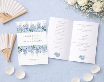 Bilingual Wedding Program with Dusty Blue Hydrangea Florals | Ceremony Program Editable Canva Template