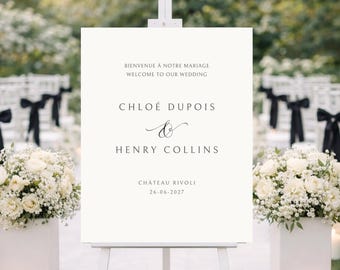 Minimalist Bilingual Wedding Welcome Sign, Black Ivory Template (Canva Digital Download)