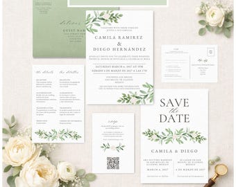 Bilingual Spanish English Wedding Invitation Suite with Save the Date and RSVP, Editable Canva Greenery Florals