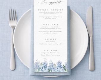 Bilingual Wedding Menu Template with Dusty Blue Hydrangea Florals | Editable Canva Template