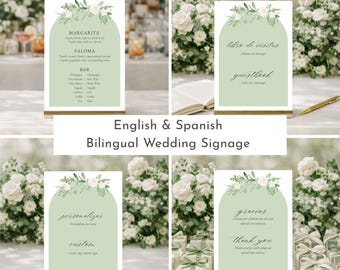 Bilingual Spanish English Wedding Signage Bundle with Bar Menu and Reception Signs, Editable Canva Greenery Florals