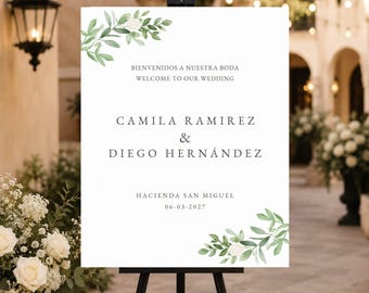 Bilingual Wedding Welcome Sign Template, Spanish and English, Floral Greenery, Destination Weddings