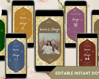 May include: Set of 7 editable digital wedding invitation templates with a gold and brown design. The templates feature a couple's photo, text, and decorative elements. The text includes "Reception", "Hakd", "Sangeet", "Mehndi Night", "RSVP", and "Wedding".