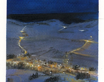 Mountain Winter Night Scene - Hand Painted Original
