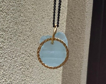 Baby Blue Sea Glass Pendant with Ridges Gold Hoop Necklace