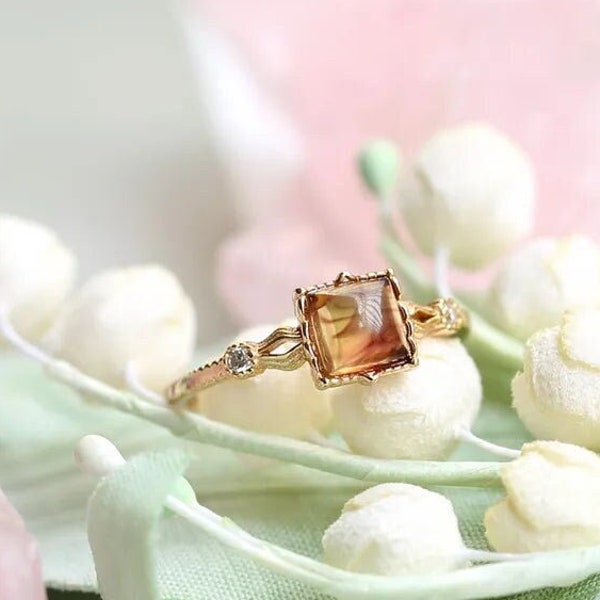 925 Sterling Silver Amber Ring, Gold Vintage Style Amber Gemstone Ring, Amber Wedding Ring, Classic Natural Baltic Amber Ring