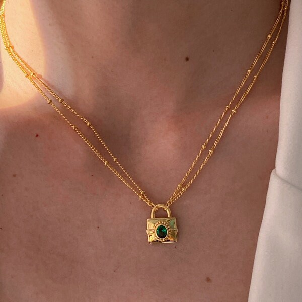 Double Layered Emerald Lock Necklace - Dainty Padlock Pendant on Gold Chains for Everyday Good Luck - Dainty Lock Necklace with Emerald