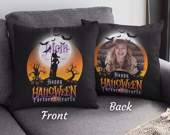 Personalized Happy Halloween Throw Pillow, Loss of Pet Sympathy Gift, Custom Memorial Photo Pillow, Loss of Loved One, Halloween Decor