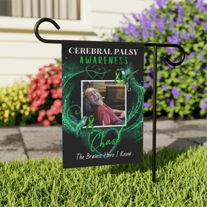 Bandiera da giardino personalizzata per la consapevolezza della paralisi cerebrale, bandiera commemorativa con foto personalizzata, striscione per la casa Bravest Hero I Know, nastro verde CP March