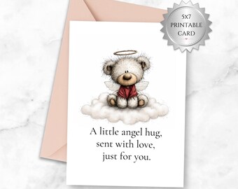Biglietto di condoglianze stampabile per cuori in lutto / Orsetto angelo che manda abbracci / Biglietto di auguri in stile cottagecore 5x7 / Download immediato