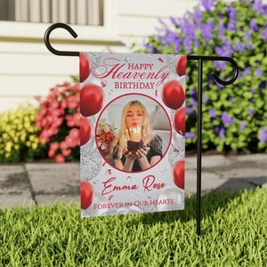 Alles Gute zum himmlischen Geburtstag benutzerdefinierte Friedhofsflagge, personalisierte Erinnerungsgartenflagge, Verlust der Tochter-Erinnerungsgeschenk, Verlust von Dad-Hausbanner