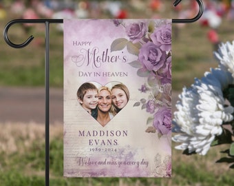 Happy Mother's Day in Heaven Personalized Memorial Garden Flag, Custom Cemetery Flag, Loss of Mom Sympathy Gift, Double-Sided House Banner