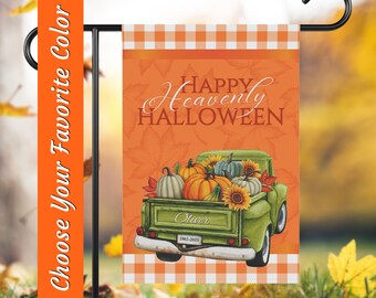 Gepersonaliseerde Memorial Plaid Garden Flag, Custom Halloween Cemetery Flag Happy Heavenly Thanksgiving House Banner, Outdoor Pumpkin Fall Decor
